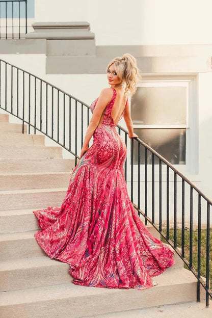 Mermaid V Neck Fuchsia Sequins Long Prom Dresses Sexy Evening Dress