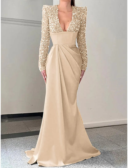 Mermaid / Trumpet Evening Gown Elegant Dress Formal Sweep / Brush Train Long Sleeve V Neck Satin with Pleats Sequin Sparkly Sexy