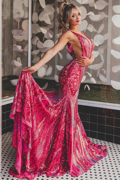 Mermaid V Neck Fuchsia Sequins Long Prom Dresses Sexy Evening Dress