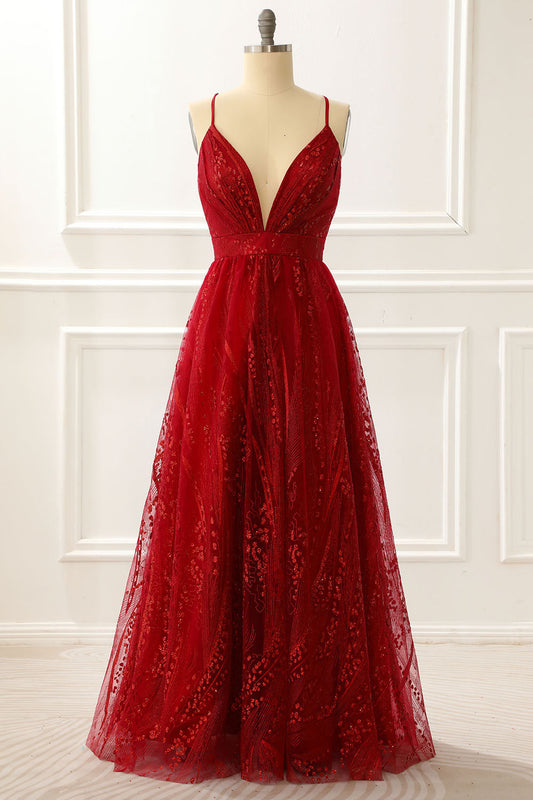 Spaghetti Straps Burgundy A Line Princess Prom Dress V-neck Sexy