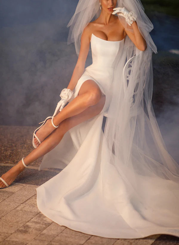 Strapless Sleeveless Satin Sweep Train Wedding Dress Off Shoulder With Slit Sexy Without Gloves