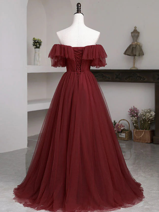 Simple A line burgundy tulle long prom dress formal dress Solid Color december wedding guest dress