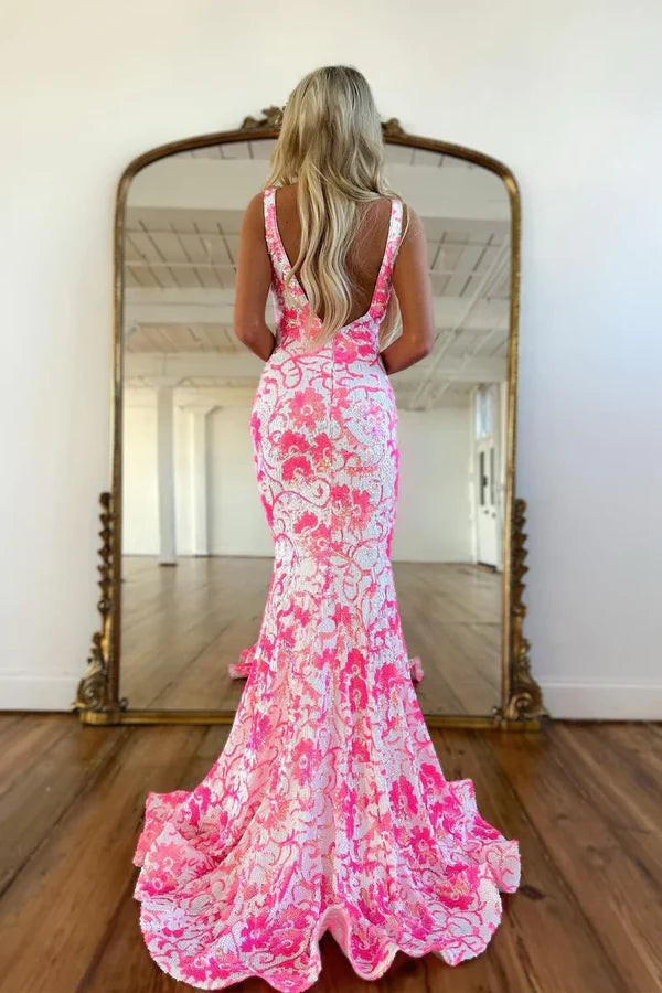 Pink V Neck Sequin Lace Mermaid Prom Dress Floor Length Sexy Evening Dress