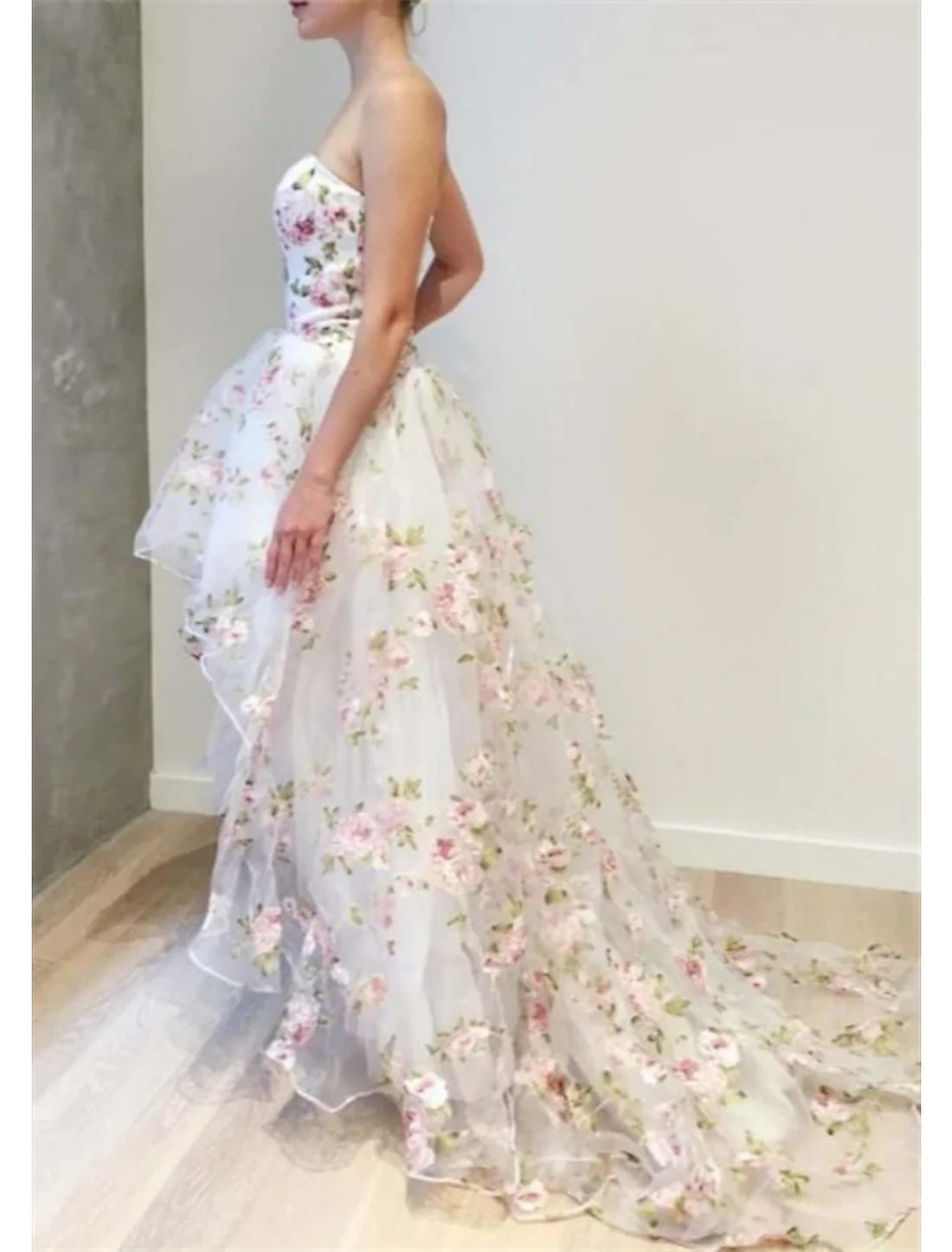 Ball Gown Prom Dresses Floral Dress Quinceanera Wedding Party Asymmetrical Sleeveless Strapless Tulle with Appliques