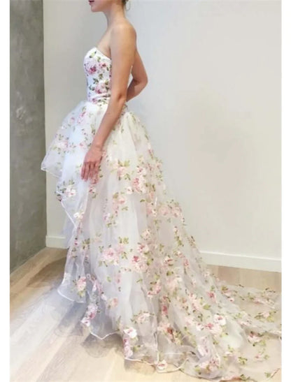 Ball Gown Prom Dresses Floral Dress Quinceanera Wedding Party Asymmetrical Sleeveless Strapless Tulle with Appliques