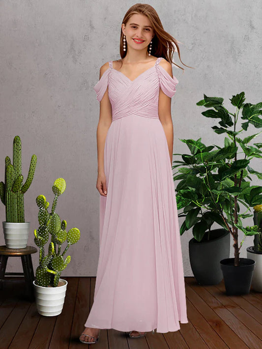 A-Line V Neck Spaghetti Strap Floor Length Chiffon Bridesmaid Dress with Pleats Ruching