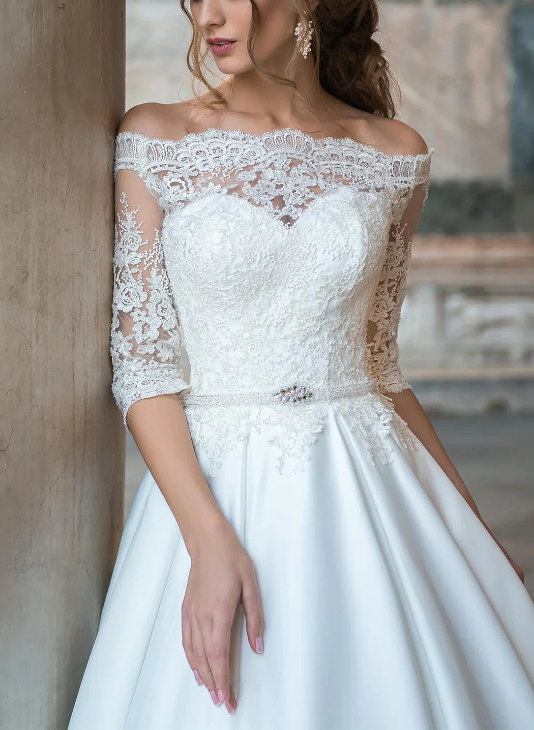Off-The-Shoulder Ball-Gown Wedding Dresses With Sleeves Floor Length Elegant