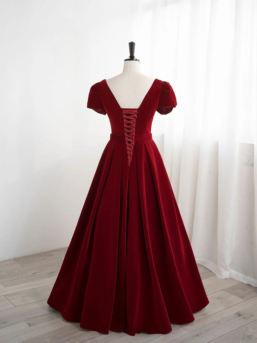 A line velvet burgundy long prom dress bridesmaid dress Elegant Evening Dress With Bow(s)