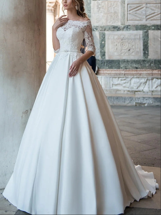 Off-The-Shoulder Ball-Gown Wedding Dresses With Sleeves Floor Length Elegant