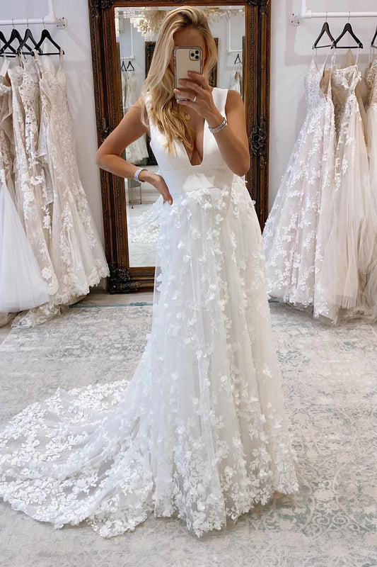 Elegant White Deep V-Neck Backless Long Wedding Dress With Appliques Sexy