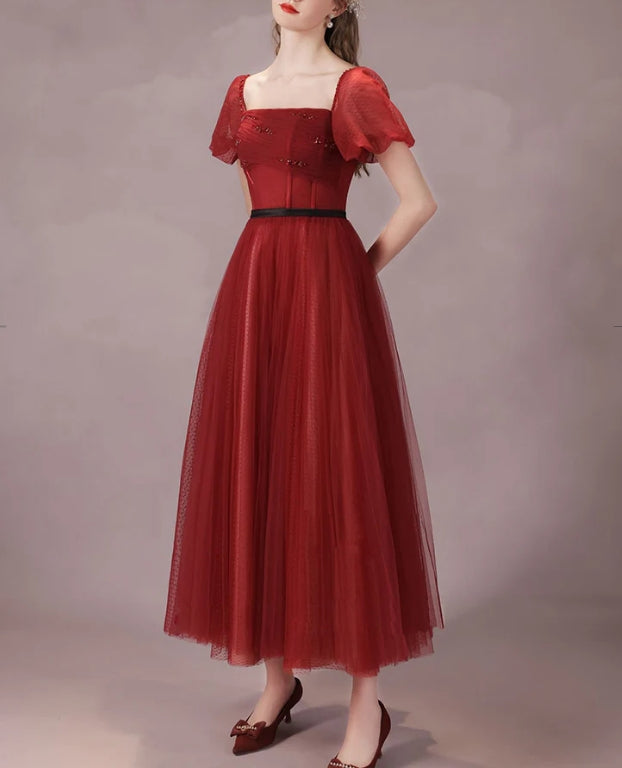 A-Line Burgundy Tulle Tea Length Prom Dress Formal Dress Short Sleeves Elegant Evening Dress december wedding guest dress