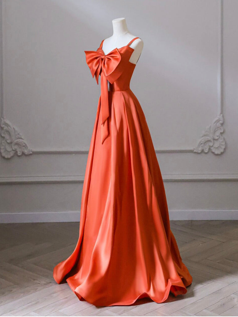 A-Line Orange Satin Long Prom Dress Long Evening Dress Formal Dress With Bow(s)