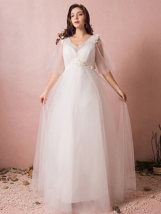 A-Line Wedding Dresses V Neck Floor Length Lace Satin Tulle Half Sleeve Formal Plus Size with Pearls Beading Appliques