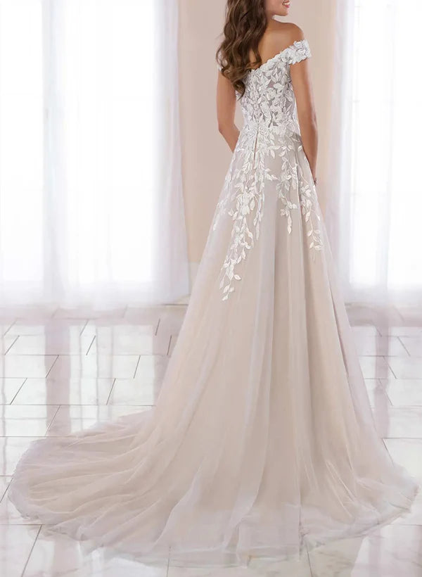 Elegant A Line Off-The-Shoulder Lace Tulle Sweep Train Wedding Dress With Appliques