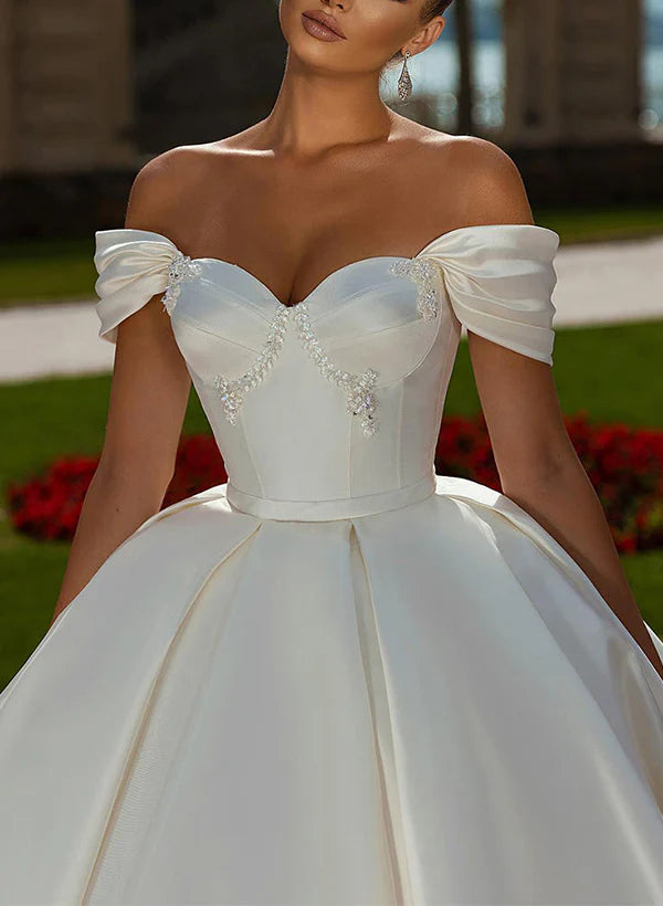 Elegant Off-The-Shoulder Satin Ball-Gown Wedding Dress With Sweep Train Charming Bridal Gown
