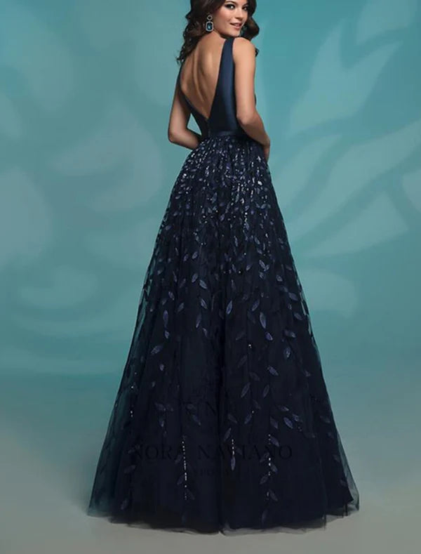 A-Line Evening Gown Minimalist Dress Wedding Guest Wedding Party Floor Length Sleeveless Jewel Neck Lace with Sequin Appliques