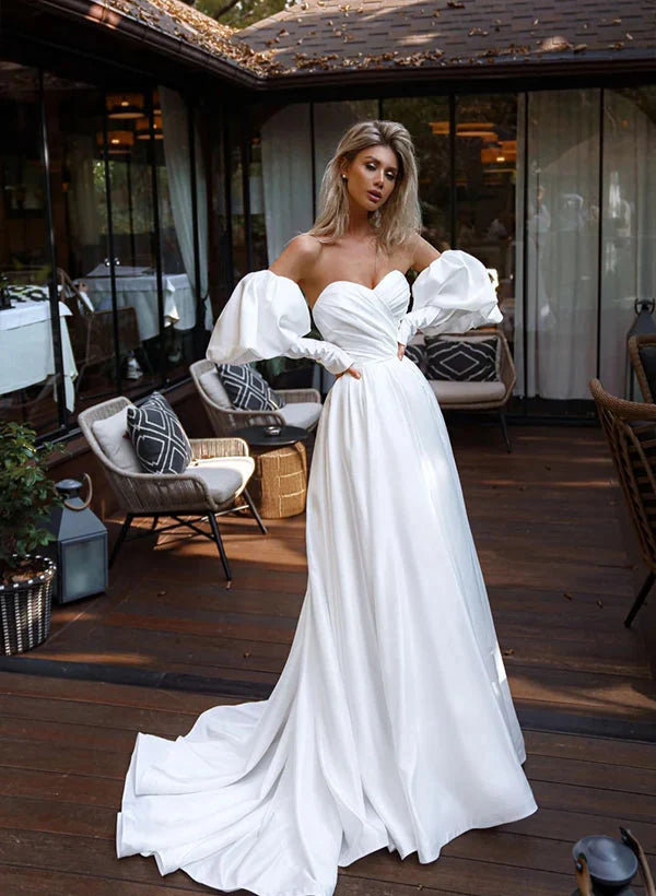 A-Line Strapless Sweep Train Satin Wedding Dress With Front Split Off Shoulder Sexy