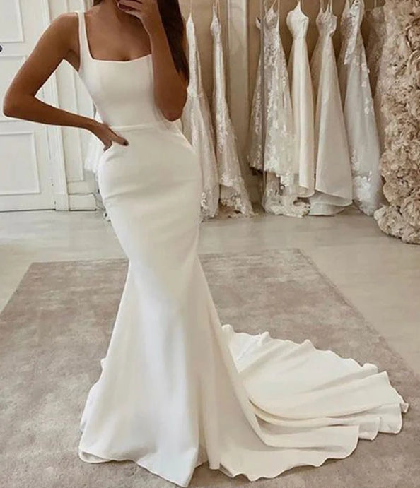 Elastic Satin Wedding Dresses With Mermaid Square Neckline And Sleeveless White Simple