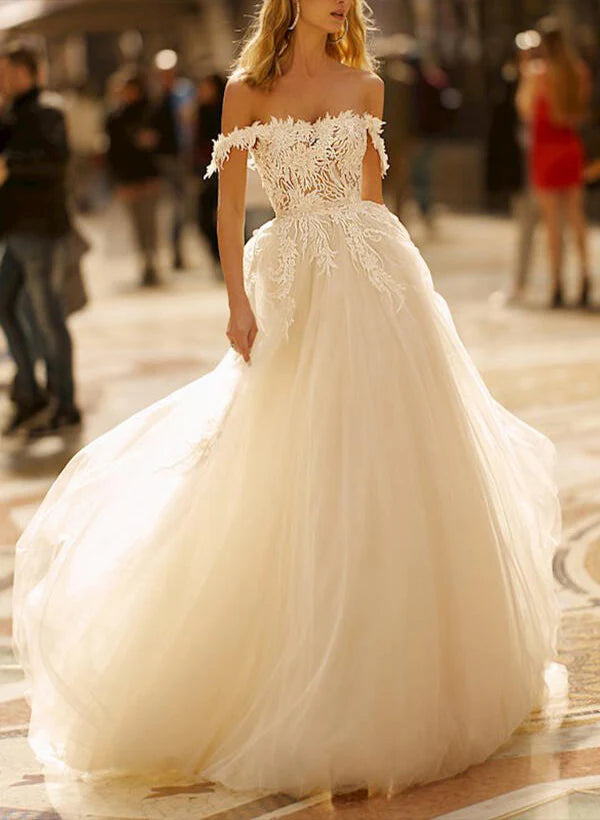 Off The Shoulder Tulle Lace Sweep Train Wedding Dress A Line Floor Length Elegant