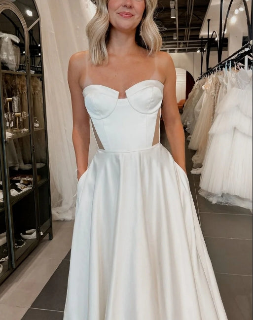 Sweetheart Wedding Dress A Line Satin Bridal Dress With Pockets Off Shoulder Floor Length