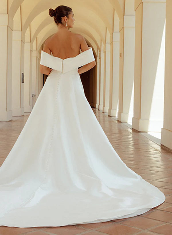 Off-The-Shoulder Sleeveless Wedding Dresses With Split Front And Bow(s) Simple