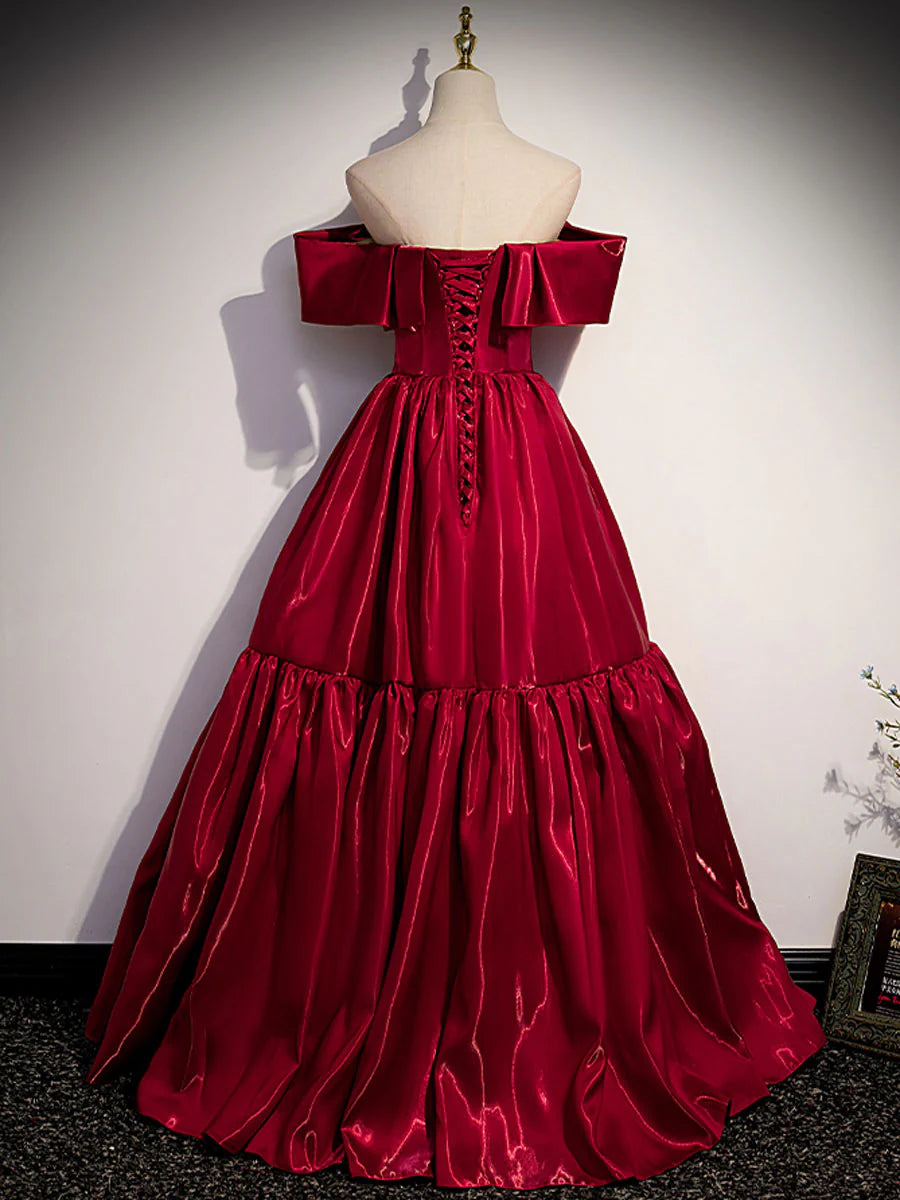 Simple burgundy off shoulder satin long prom dress evening dress december wedding guest dress