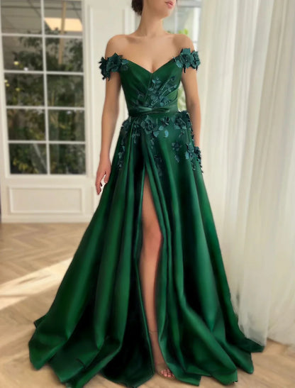 Ball Gown Prom Dresses Luxurious Dress Christmas Red Green Dress Wedding Party Floor Length Short Sleeve Off Shoulder Satin with Slit Appliques Sexy