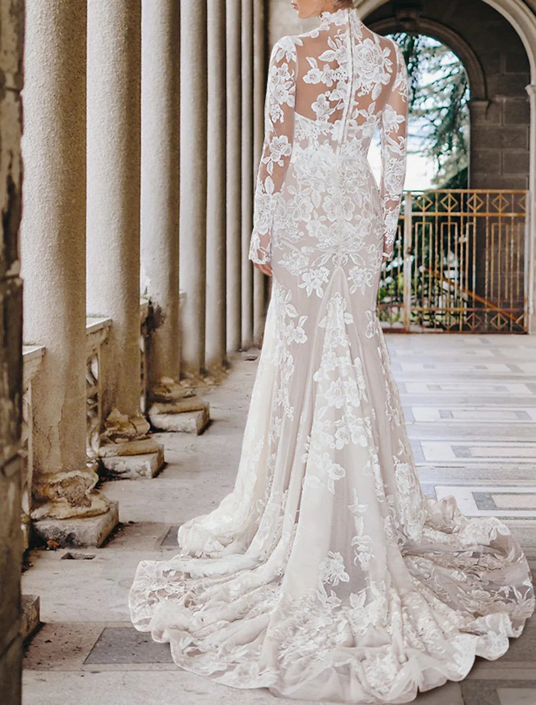 Engagement Formal Boho Wedding Dresses Mermaid / Trumpet High Neck Long Sleeve Court Train Lace Bridal Gowns With Appliques Elegant