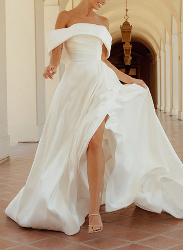 Off-The-Shoulder Sleeveless Wedding Dresses With Split Front And Bow(s) Simple