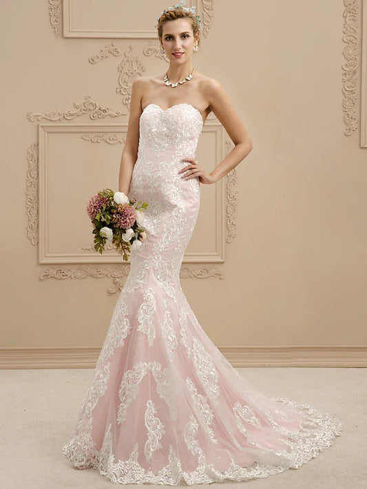 Wedding Dresses Sweetheart Neckline Court Train Lace Strapless Sexy Illusion Detail with Appliques Pink