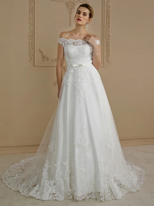 Ball Gown Wedding Dresses Off Shoulder Court Train Lace Tulle Cap Sleeve Country Glamorous See-Through Plus Size Backless with Sashes Ribbons Bow(s) Buttons