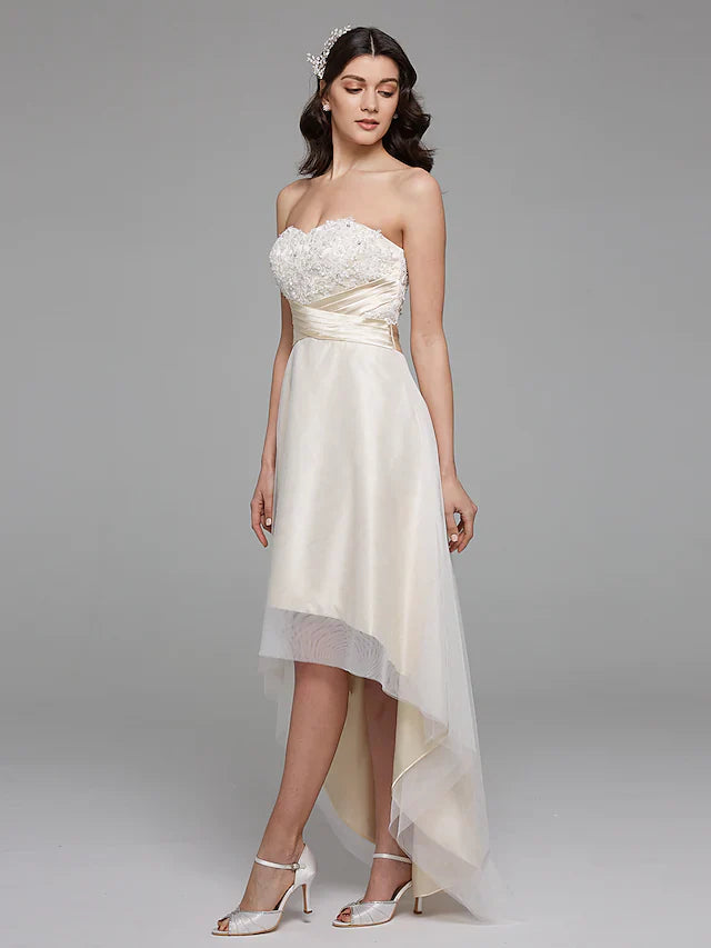 A-Line Wedding Dresses Sweetheart Neckline Asymmetrical Satin Floral Lace Strapless Simple Plus Size with Sash Ribbon Beading