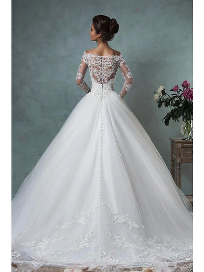 A-Line Wedding Dresses Off Shoulder Court Train Lace Tulle Long Sleeve Formal See-Through with Embroidery