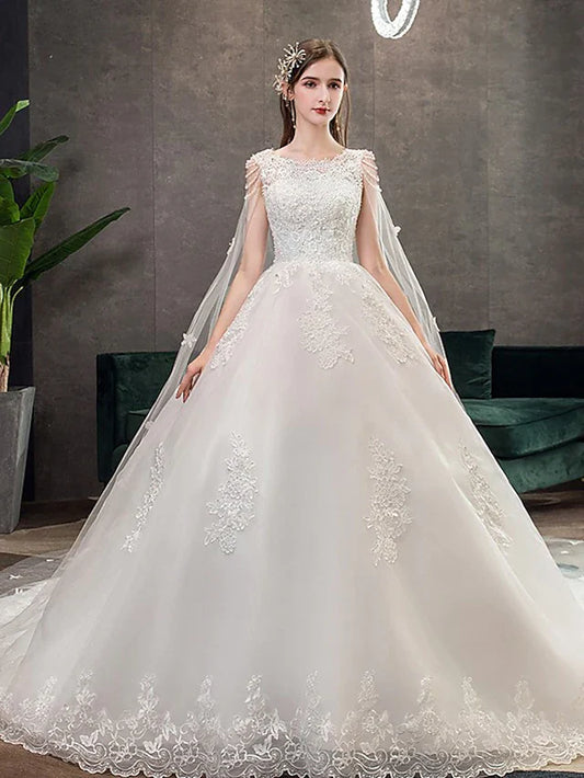 Princess Ball Gown Wedding Dresses Jewel Neck Chapel Train Lace Tulle Sleeveless Floor Length  Formal Luxurious with Appliques