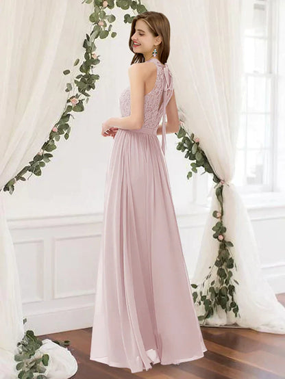 A-Line Jewel Neck Floor Length Chiffon Lace Bridesmaid Dress with Pleats