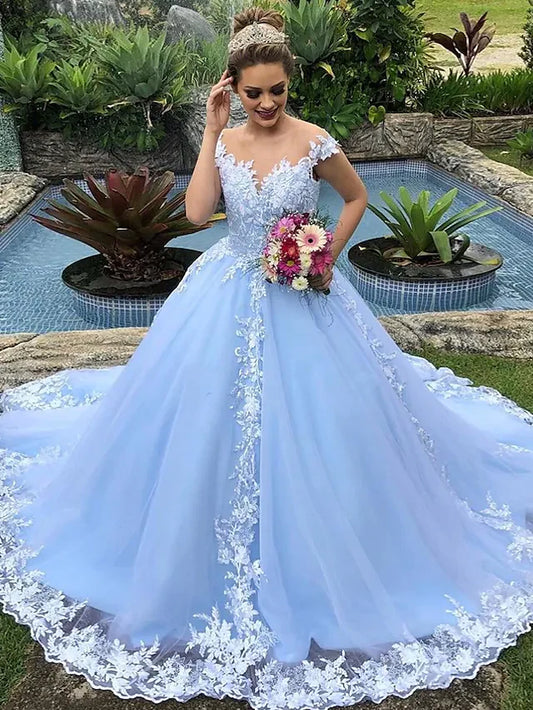 Ball Gown Wedding Dresses V Neck Court Train Lace Polyester Cap Sleeve Country Plus Size with Appliques