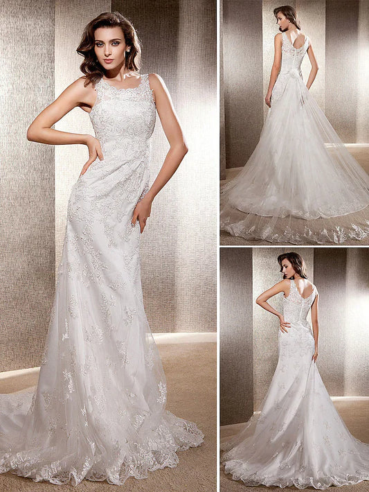 A-line Wedding Dresses Scoop Neck Lace Tulle Sleeveless Elegant & Luxurious with Appliques