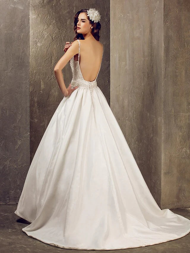 Princess A-Line Wedding Dresses V Neck Lace Taffeta Sleeveless With Embroidery
