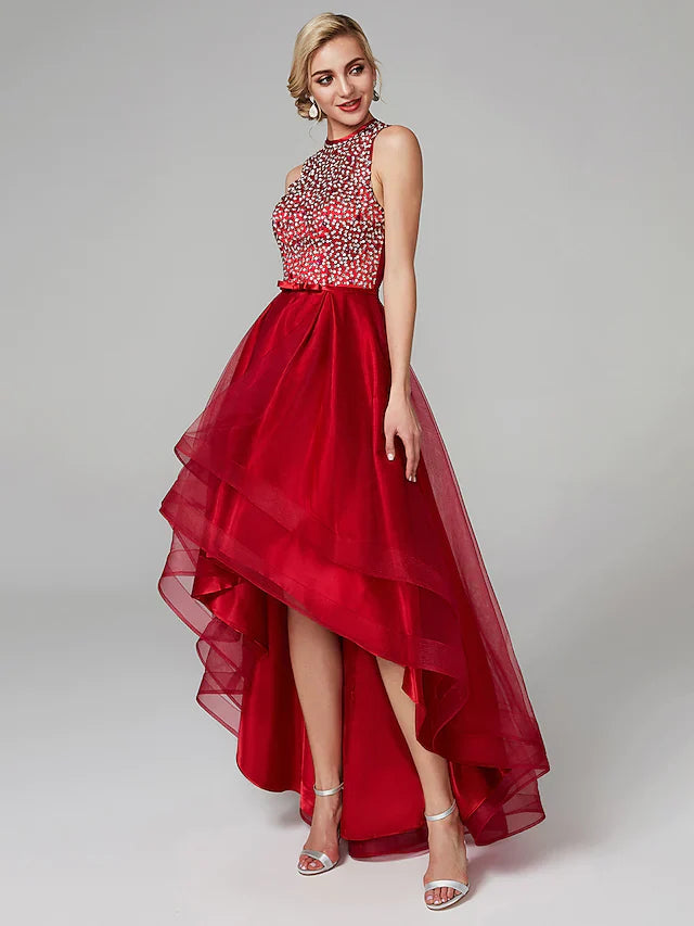 A-Line Sparkle & Shine High Low Keyhole Cocktail Party Prom Dress Jewel Neck Sleeveless Asymmetrical Satin Tulle with Bow Sequin