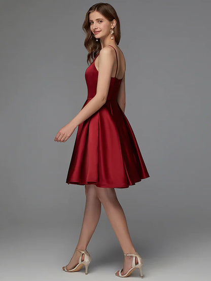 A-Line Hot Homecoming Cocktail Party Valentine's Day Dress V Neck Sleeveless Short Mini Satin with Pleats