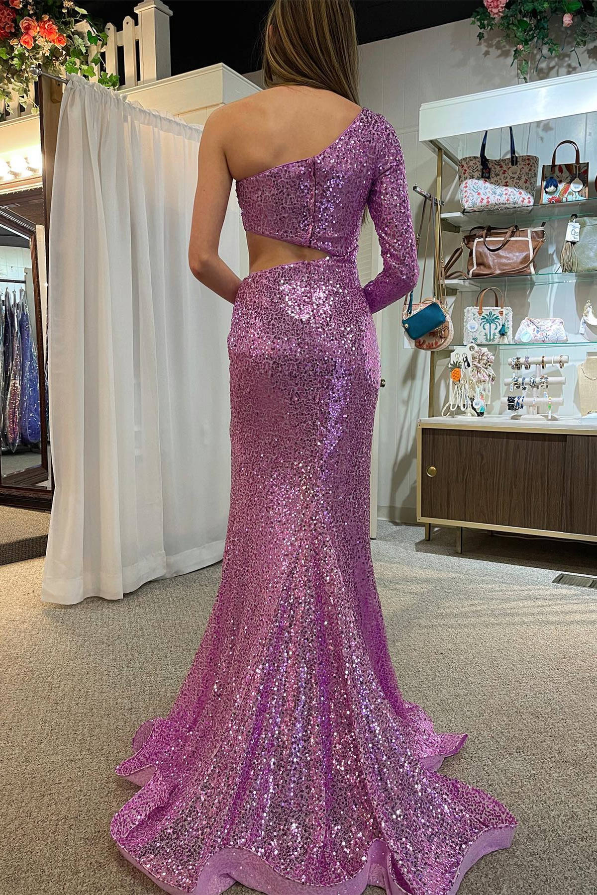 Sheath One Shoulder  Sweep/Brush Train Dresses Cut-Out Pleated Glitter Sparking Sequins Long Prom Dress with Long Sleeve