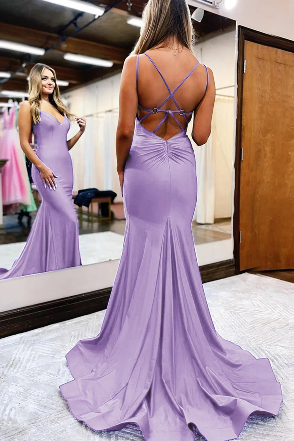 A Line V neck Mermaid Spaghetti Straps Long Prom Dress