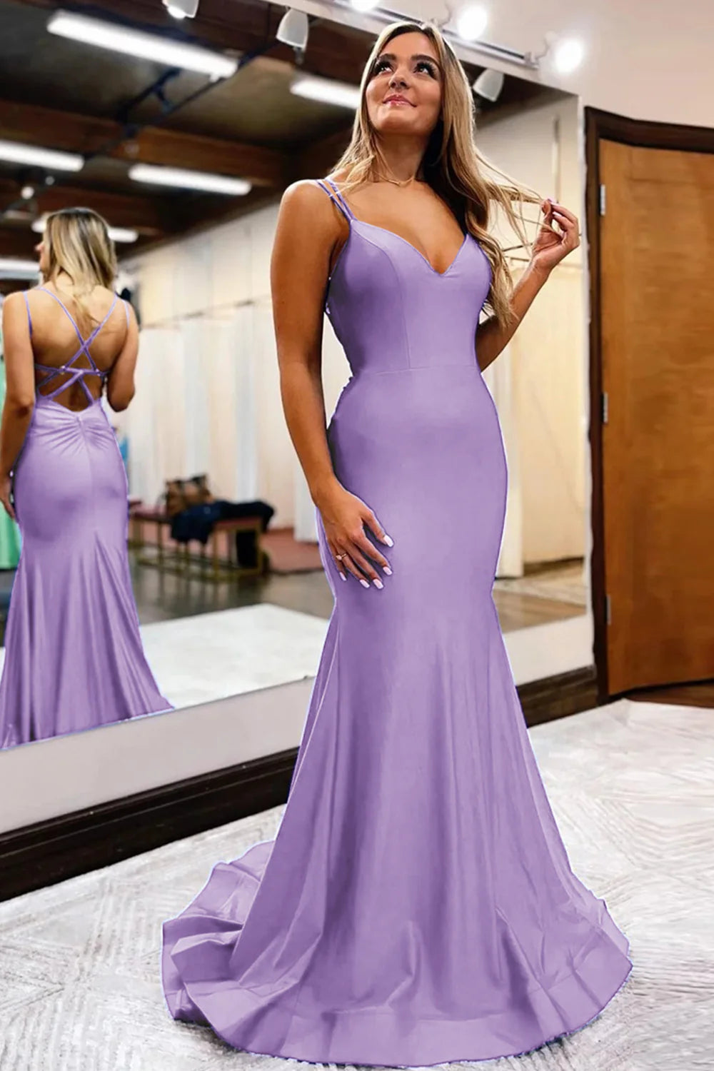 A Line V neck Mermaid Spaghetti Straps Long Prom Dress