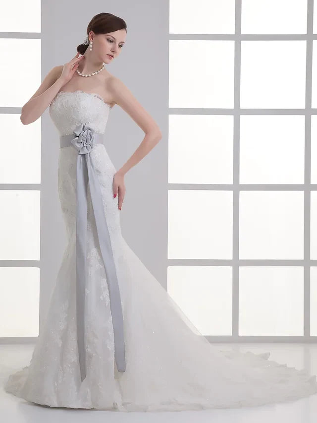 Wedding Dresses Strapless Chapel Train Lace Satin Strapless with Sashes Ribbons Bow(s) Beading