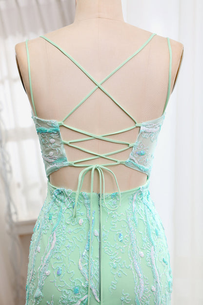 Light Green Mermaid Lace-Up Back Sequins Prom Dress with Slit Beautiful