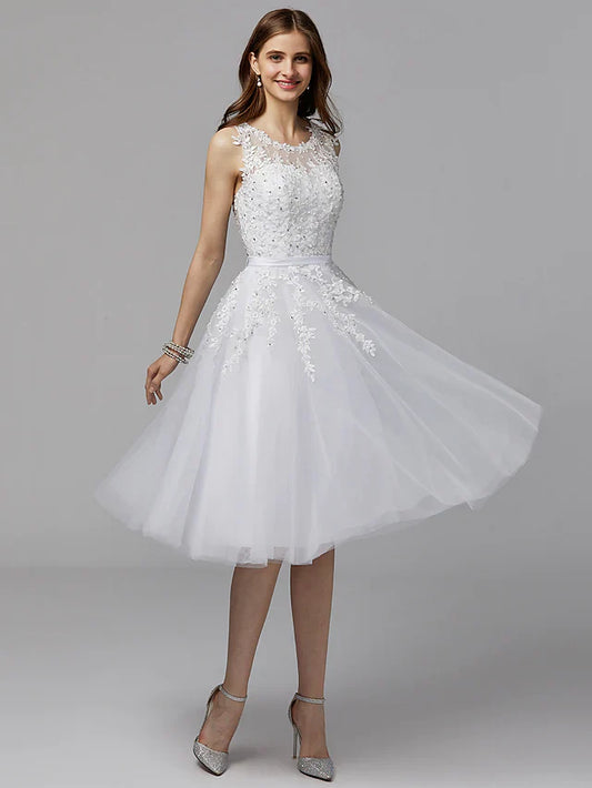 A-Line Elegant Floral Homecoming Prom Dress Illusion Neck Sleeveless Tea Length Lace Satin with Beading Appliques