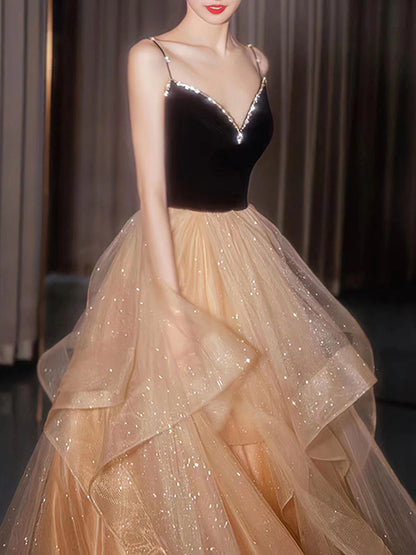 Champagne v neck tulle long prom dress formal graduation dress Sparkly Evening Dress