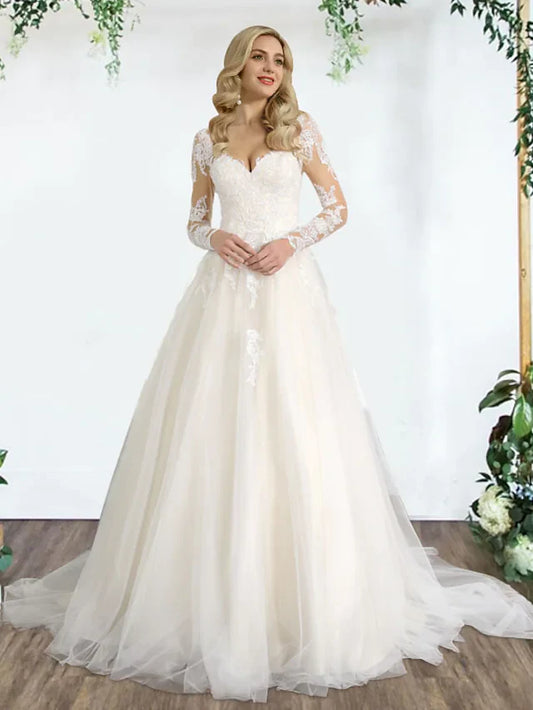 Ball Gown Princess A-Line Wedding Dresses Sweetheart Neckline Lace Tulle Sleeveless Country Formal Luxurious with Pleats Appliques