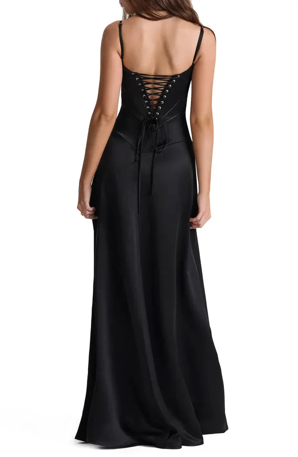 Noble black backless lace up satin thin shoulder strap and floor length evening dress Solid Color