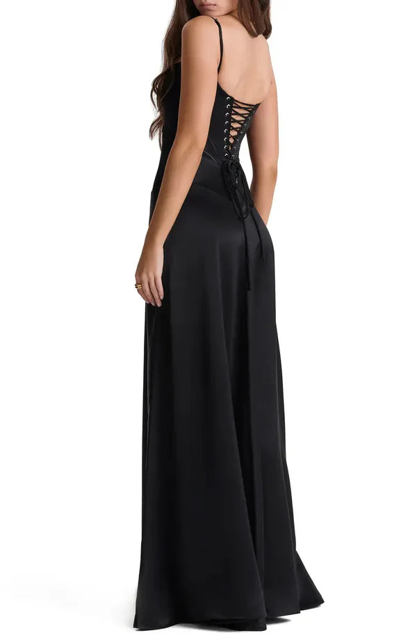 Noble black backless lace up satin thin shoulder strap and floor length evening dress Solid Color